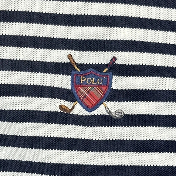 Ralph Lauren Polo Shirt Mens Large Navy Striped Shield Short Sleeve Fine Cotton - Picture 4 of 14